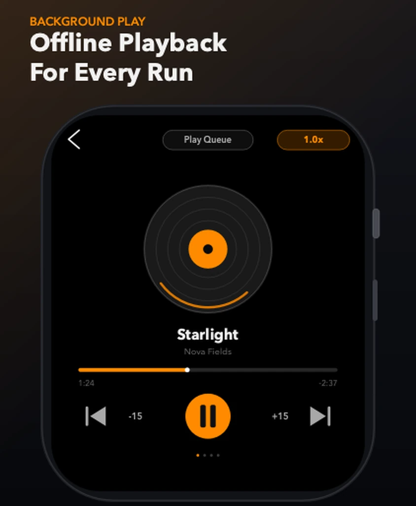 TickPlay now-playing screen on Apple Watch showing Starlight with a play queue button, 1.0x speed, and -15, pause and +15 controls