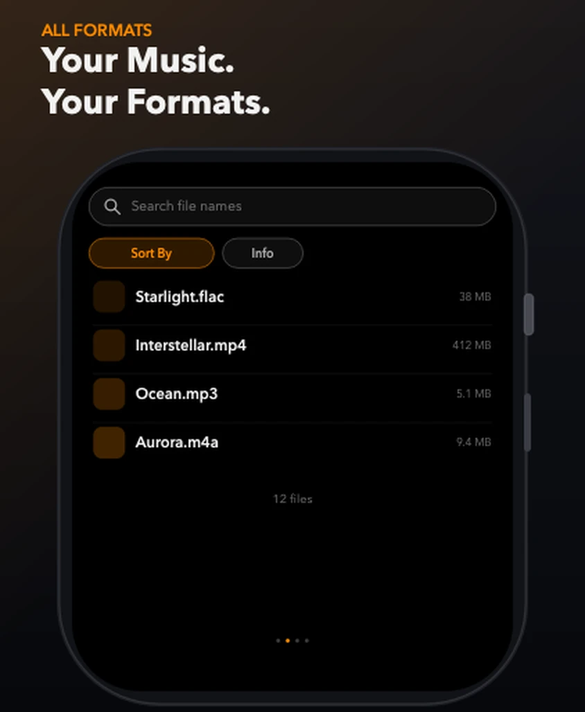 TickPlay Library on Apple Watch listing Starlight.flac, Interstellar.mp4, Ocean.mp3 and Aurora.m4a with file sizes
