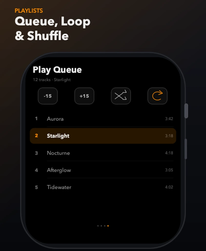 TickPlay Play Queue screen on Apple Watch showing 12 tracks with Starlight highlighted, plus -15, +15, shuffle and loop controls