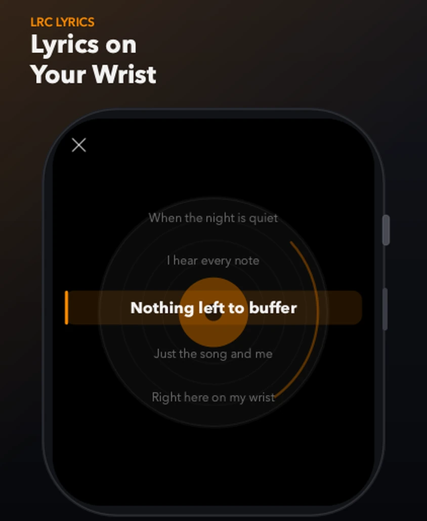 TickPlay full-screen lyrics view on Apple Watch with the current line Nothing left to buffer highlighted in the centre