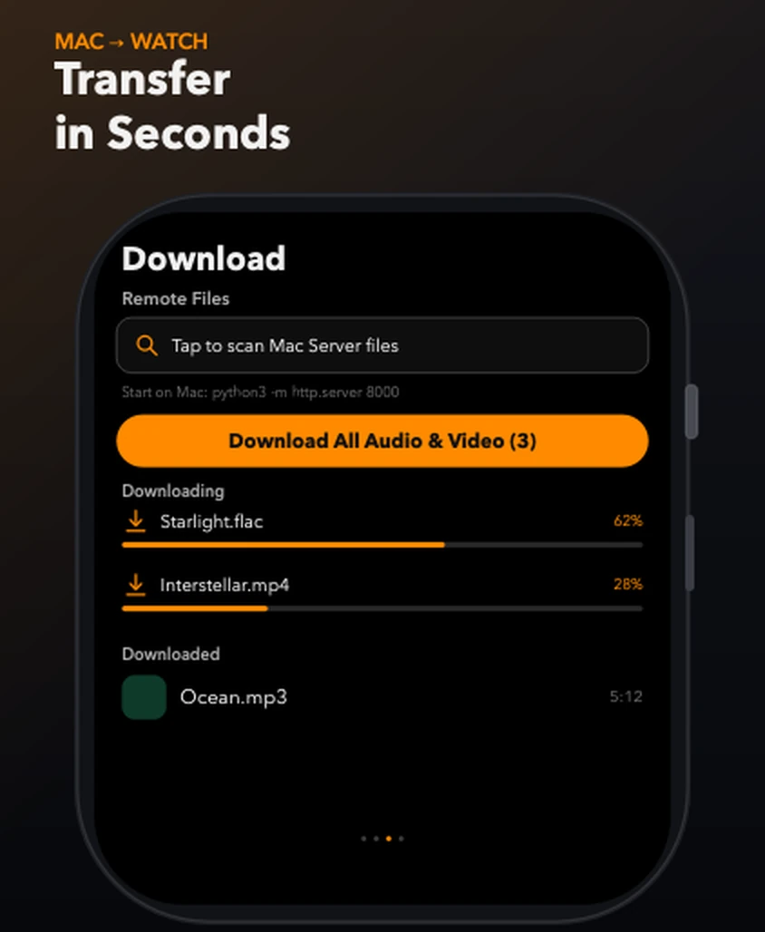 TickPlay Download screen on Apple Watch showing a Mac server scan field, a Download All Audio & Video button, and two files transferring at 62% and 28%